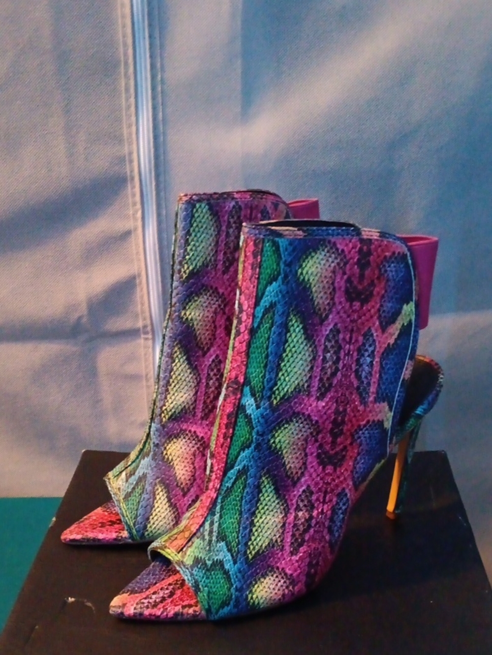 Women's Multicolor Snake-Print Peep-Toe High Heel Booties